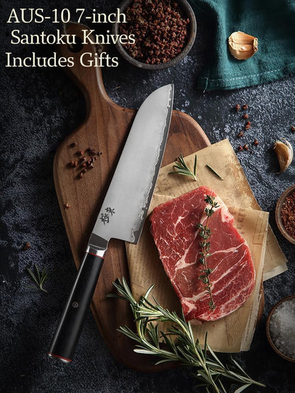 Japan Aichi AUS10 Triple Layer Composite Steel 8-inch Chef's Knife,Gyuto，Meat Cleavers，G10 Handle, Forged Kitchen Knife，Black Walnut Knife Sheath Set