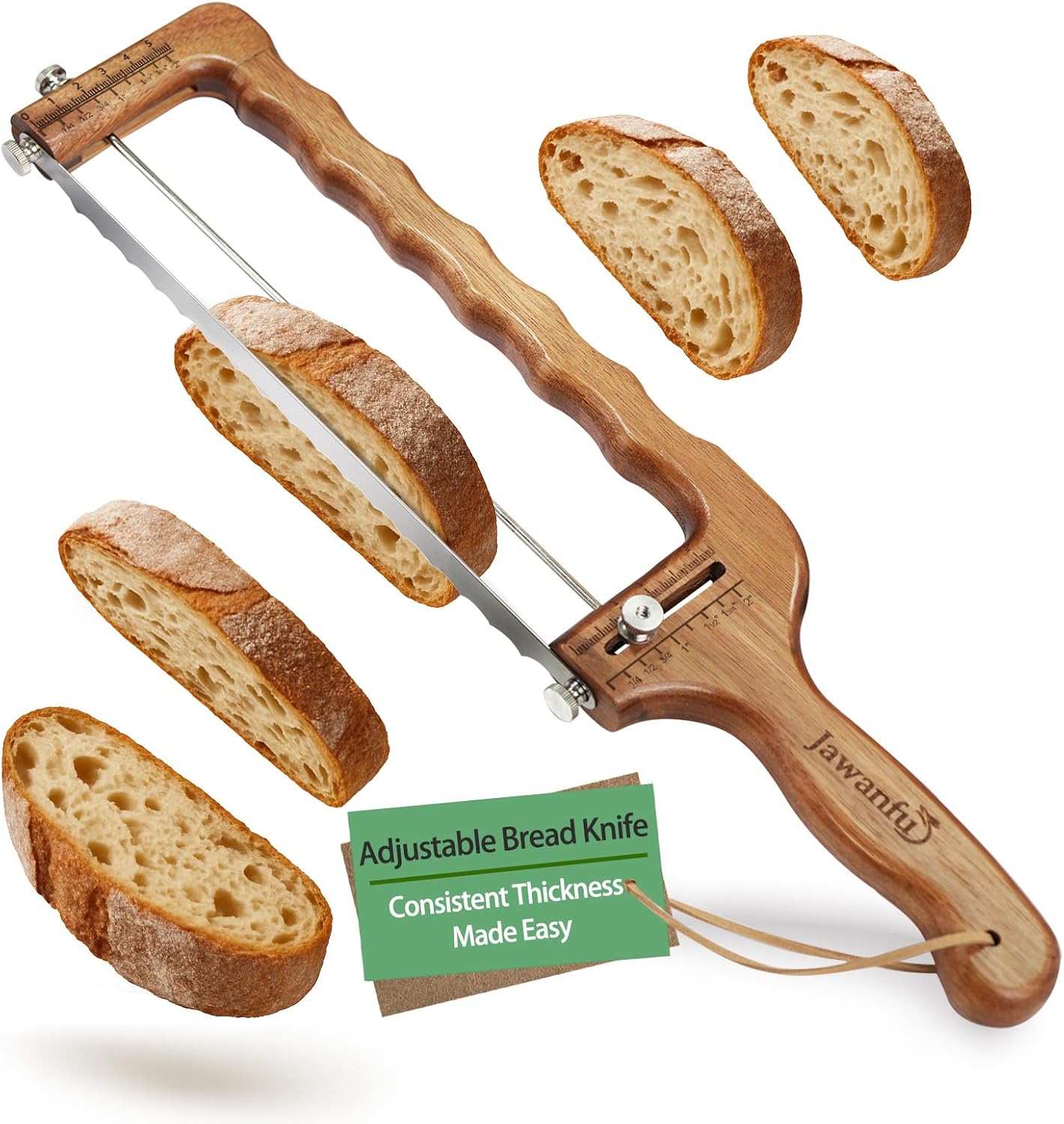 Adjustable Bread Slicer for Sourdough — Precision Homemade Bread Knife with Thickness Guide, Sharp Stainless Serrated Blade, Wooden Frame, Bread Cutter for Baguettes, Gift for Bakers, Mother's Day