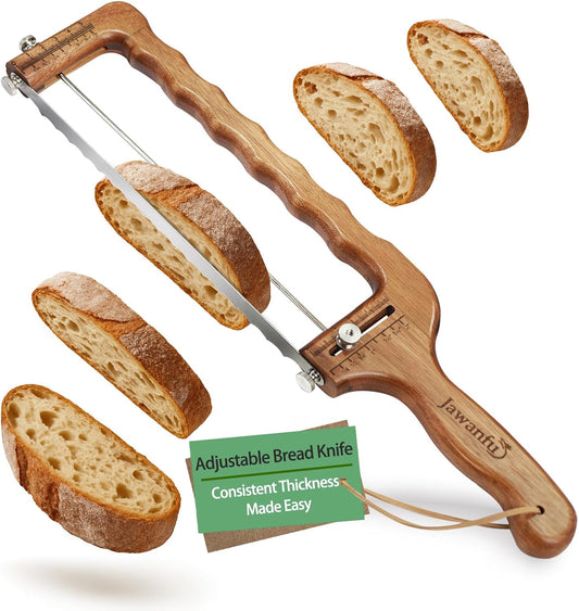 Adjustable Bread Slicer for Sourdough — Precision Homemade Bread Knife with Thickness Guide, Sharp Stainless Serrated Blade, Wooden Frame, Bread Cutter for Baguettes, Gift for Bakers, Mother's Day