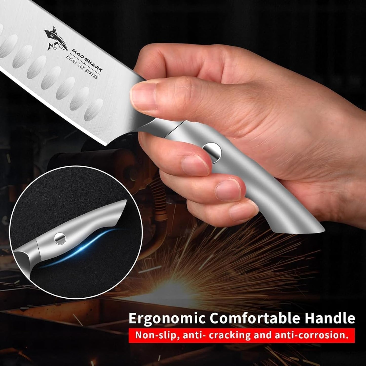 MAD SHARK 8 Inch Santoku Knife - Ultra Sharp Japanese Kitchen Knife with High Carbon German Steel, Ergonomic Handle, Ideal for Slicing, Dicing, Cutting - Unique Gift for Chefs, Men & Women (Black)