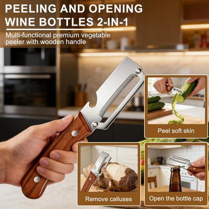 2pcs Premium Vegetable Peeler with Wooden Handle and Bottle Opener, Multifunctional Vegetable Peelers Knife for Kitchen, Ultra-Sharp Stainless Steel Peeler for Fruit Apple Potato Pumpkin Papaya