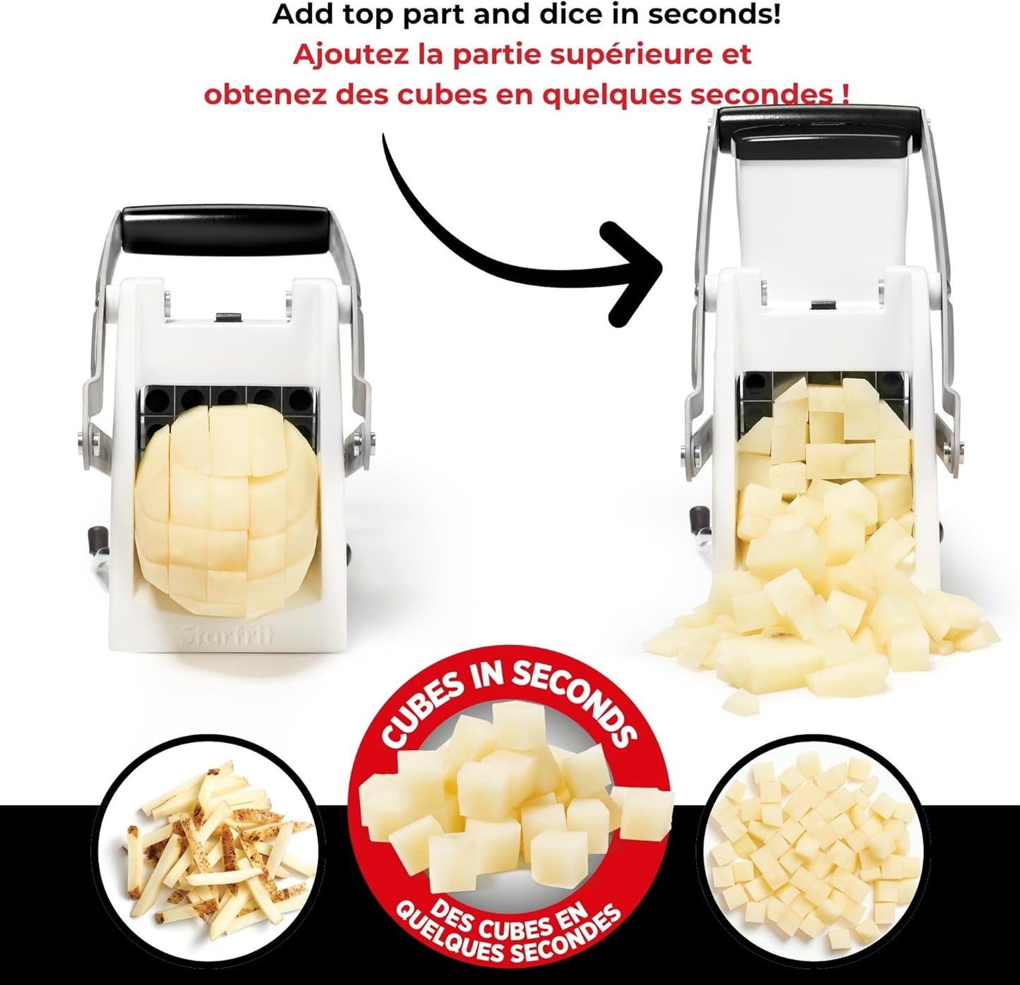 Starfrit Pro Fry Cutter & Cuber - 3-in-1 - Homemade French Fries, Slices and Diced Cubes Potato & Vegetable