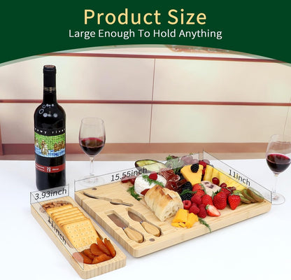 Premium Bamboo Charcuterie Board Set with Hidden Drawer & 4 Cheese Knives - 13x13 Large Cheese Board Serving Tray - Unique Housewarming Gifts for New Home, Wedding & Bridal Shower Gifts for Couples