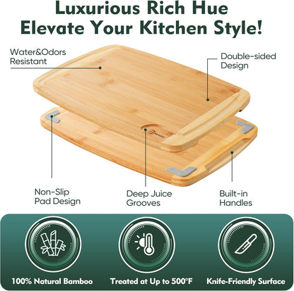 Wood Cutting Board Carbonized Bamboo Set With Smooth Surface Set 4 Packs with Non Slip Feet Holder and Over Sink Solid Thick Durable Wood Charcuterie Cheese Serving Tray Kitchen Gadgets (Carbonized)