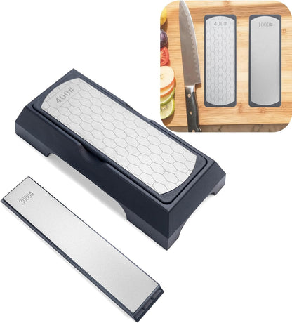DAMILA Diamond Whetstone Set 400/1000/3000 Grit, 3-Stage Knife Sharpening Stone Kit with Non-Slip Base & Angle Guide for Kitchen Knives, Pocket Knives, Scissors and Tools