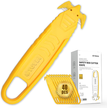 200 Pcs Safety Knife Box Cutter T TOVIA Utility Cutter and Package Opener with Recessed Concealed Stainless Steel Blade for Household, Warehouse, Workshop