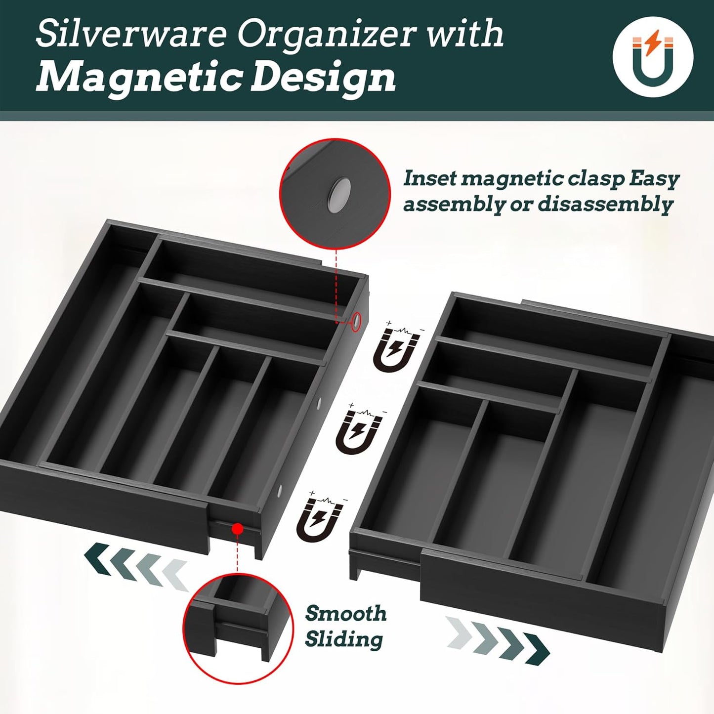 Silverware Organizer Large, Magnetic Connected Expandable 11 Slots Silverware Drawer Organizer From 21 to 37.4 Inches, Adjustable Flatware and Cutlery Holder, Bamboo Utensil Tray for Kitchen Natural