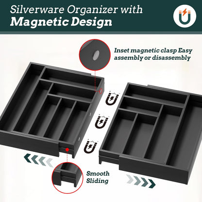 Silverware Organizer Large, Magnetic Connected Expandable 11 Slots Silverware Drawer Organizer From 21 to 37.4 Inches, Adjustable Flatware and Cutlery Holder, Bamboo Utensil Tray for Kitchen Natural