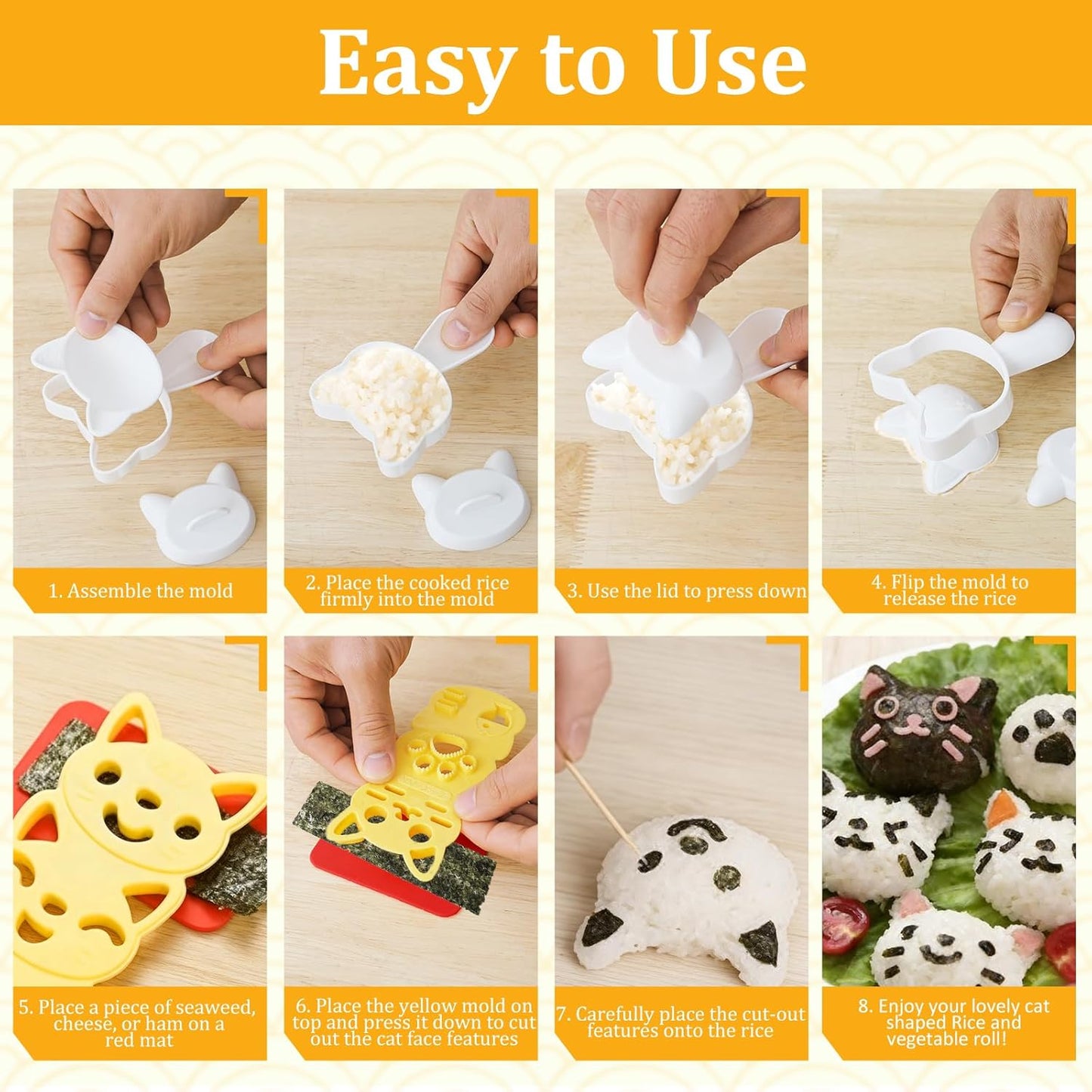 Onigiri Molds Set, Triangle Onigiri Molds Cute Cat Shape Rice Ball Maker, Musubi Press Mould with Ham Slicer and Gimbap Mould, Reusable Sushi Making Kit for Kid Lunch Home DIY Picnic Tools