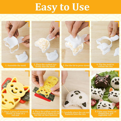 Onigiri Molds Set, Triangle Onigiri Molds Cute Cat Shape Rice Ball Maker, Musubi Press Mould with Ham Slicer and Gimbap Mould, Reusable Sushi Making Kit for Kid Lunch Home DIY Picnic Tools