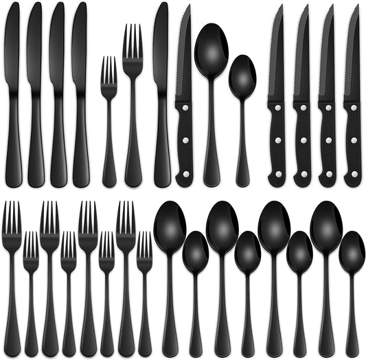 24-Piece Silverware Set with Steak Knives,Flatware Set Service for 4 Person, Food-Grade Stainless Steel Cutlery Set,Includes Knife Spoon And Fork, Mirror Finished Utensil Sets for Home Restaurant