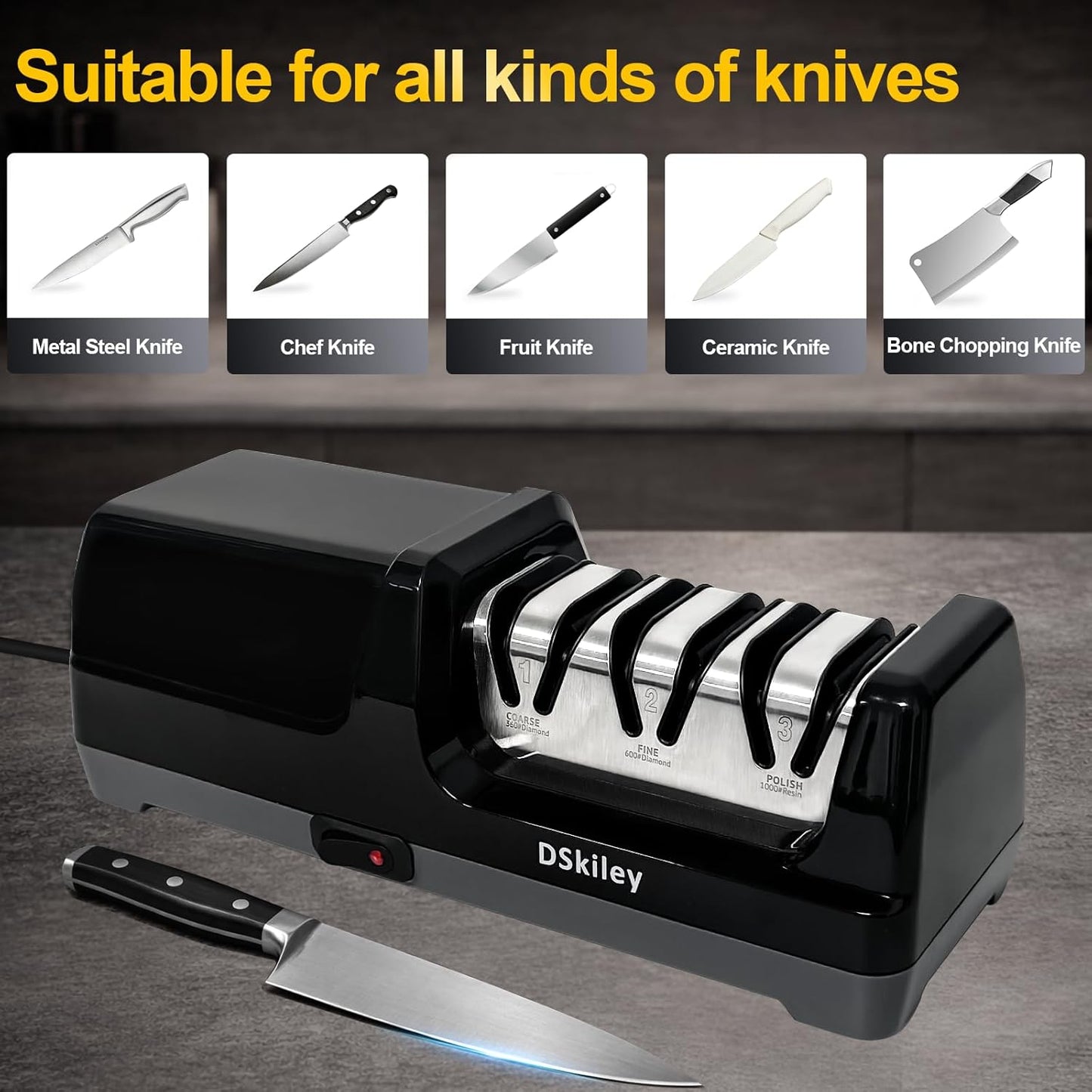 Electric Knife Sharpener for Kitchen – Professional 2-Stage 100% Diamond System with 20° Precision Angle, Fast Sharpening to Restore & Polish Chef Knives (2-Stage Silver)