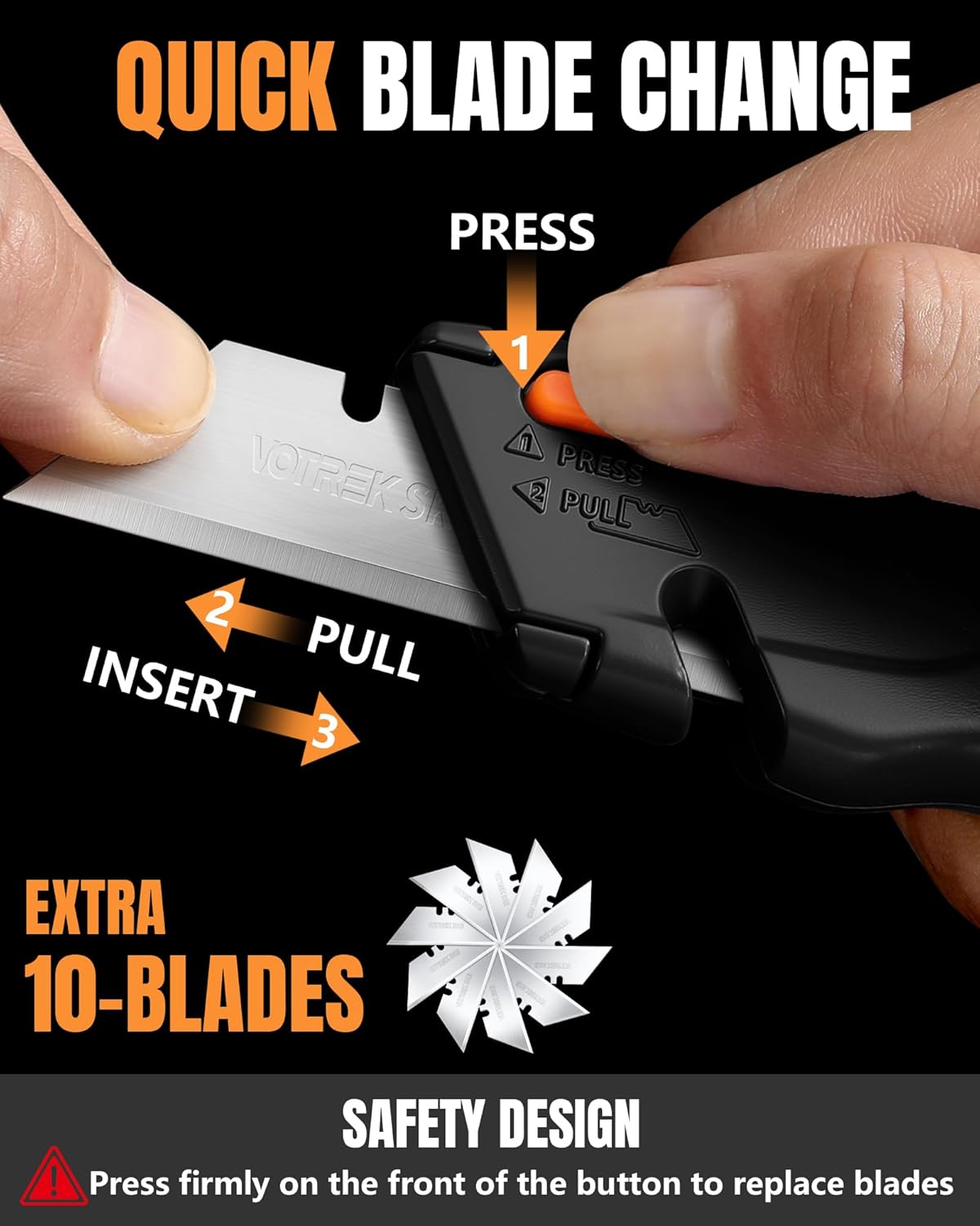 VOTREK® Box Cutter Retractable| Metal Utility Knife Set【Built-In Storage】 Tool-Free Quick Blade Change| Safety Lock| Extra 10 Sharp SK5 Blades| 2-Pack Heavy Duty Razor Knife for Cardboard & Plastic