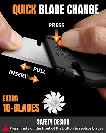 VOTREK® Box Cutter Retractable| Metal Utility Knife Set【Built-In Storage】 Tool-Free Quick Blade Change| Safety Lock| Extra 10 Sharp SK5 Blades| 2-Pack Heavy Duty Razor Knife for Cardboard & Plastic