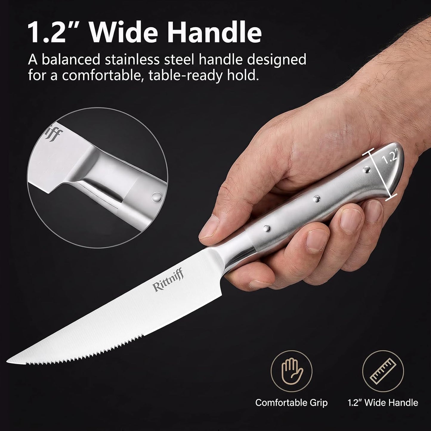 Steak Knives Set of 4, 5-Inch Serrated Stainless Steel Steak Knife Set with Wide Stainless Handle, Gift-Ready Box for Steak Night, BBQ, Housewarming & Wedding
