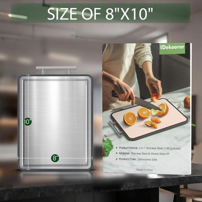 Stainless Steel Cutting Board 8x10" and 15x11", IDekooror Double Sided Steel Chopping Board for Kitchen, Steel and Wheat Straw PP 2-in-1 Cutting Board for Meat Vegetables Fruits, Dishwasher Safe
