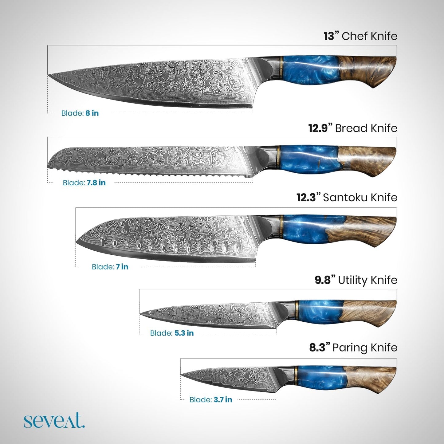 Damascus Kitchen Knife | 67-Layer Damascus Steel | 13” Professional Chef Knife | Ergonomic Wood & Resin Handle | Gift Box Included (Blue, 1 Piece)
