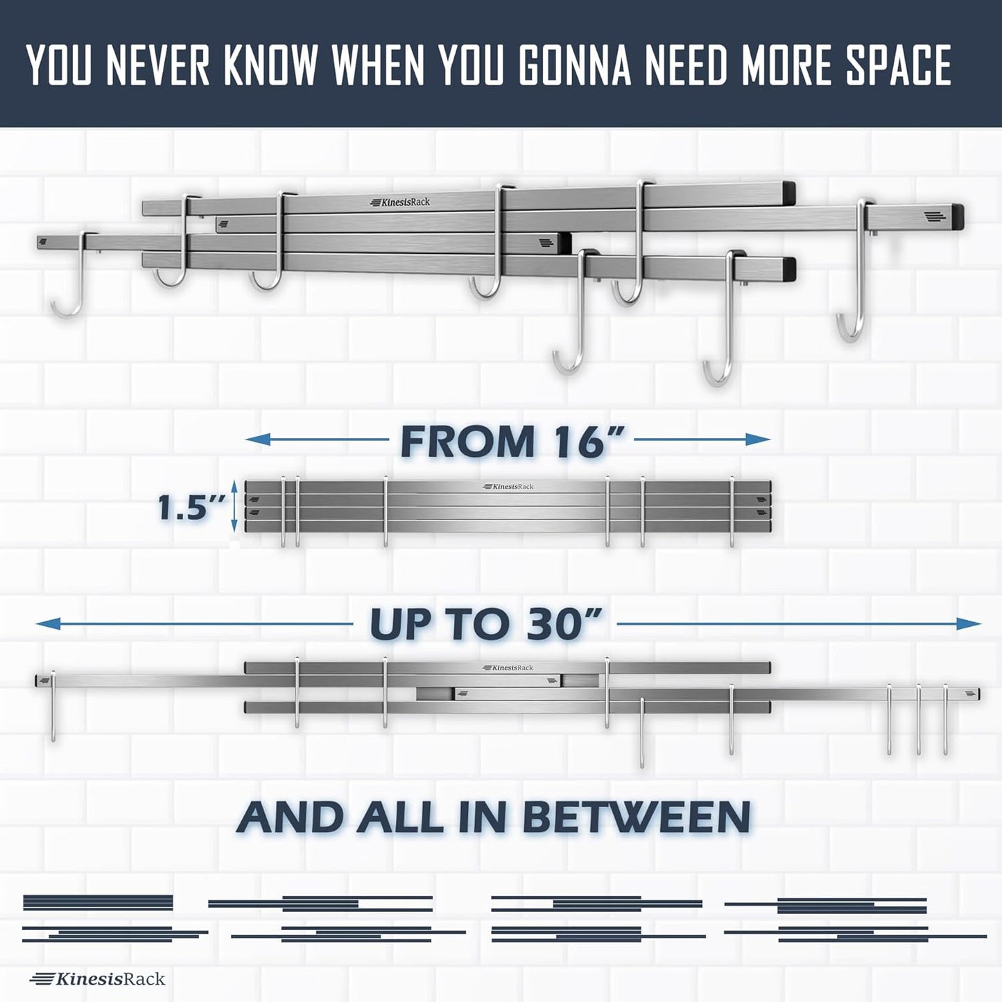 Magnetic Knife Holder for Wall 16 inch Extends up to 30 inches 4 Strip Neodymium Magnetic Rack with 10 Hooks for Kitchen Utensils Organize. No Drill. Tools Holder