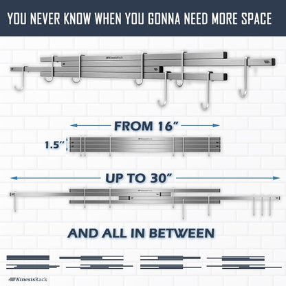 Magnetic Knife Holder for Wall 16 inch Extends up to 30 inches 4 Strip Neodymium Magnetic Rack with 10 Hooks for Kitchen Utensils Organize. No Drill. Tools Holder