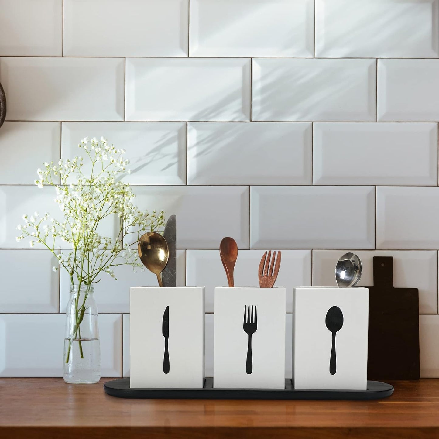 Kathfly 4 Pcs Silverware Caddy Utensil Holder for Countertop Silverware Organizer with Wood Tray Spoon Fork Holder 3. 15 x 3. 15 x 4. 53 Inches of Each Organizer for Kitchen Parties(White)