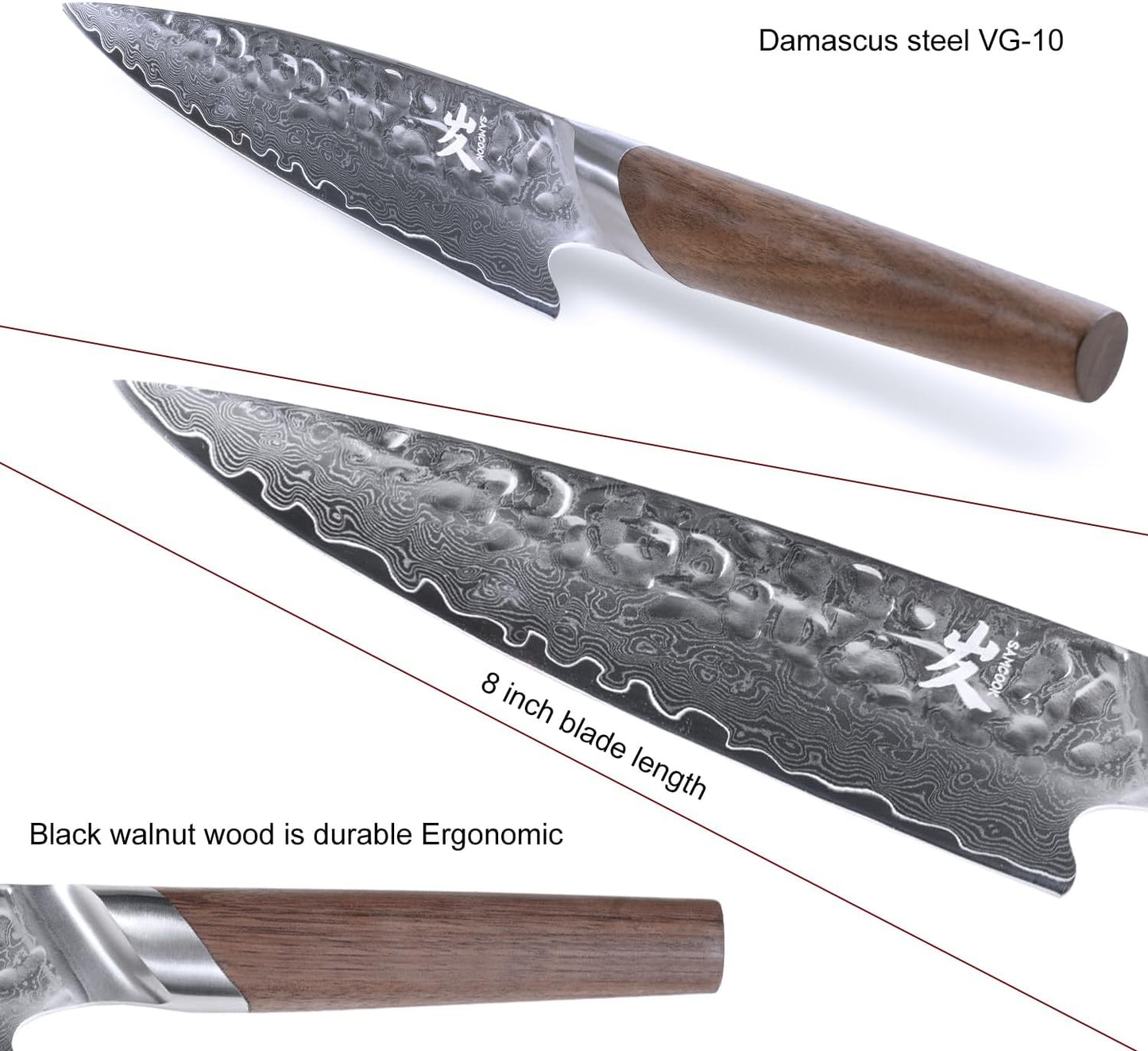 SAMCOOK Chef Knife,8 Inch Professional Sharp Hammered Damascus Knife,Japanese VG-10 High Carbon Stainless Steel Kitchen Gyuto knife,Ergonomic Black Walnut Handle with Premium Gift Box