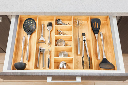 Umilife Large Expandable Kitchen Silverware Utensils Drawer Organizer, 2.5" Extra High Adjustable Drawer Divider with Curved Grooves, Bamboo Wood Cutlery Tray Flatware Holder