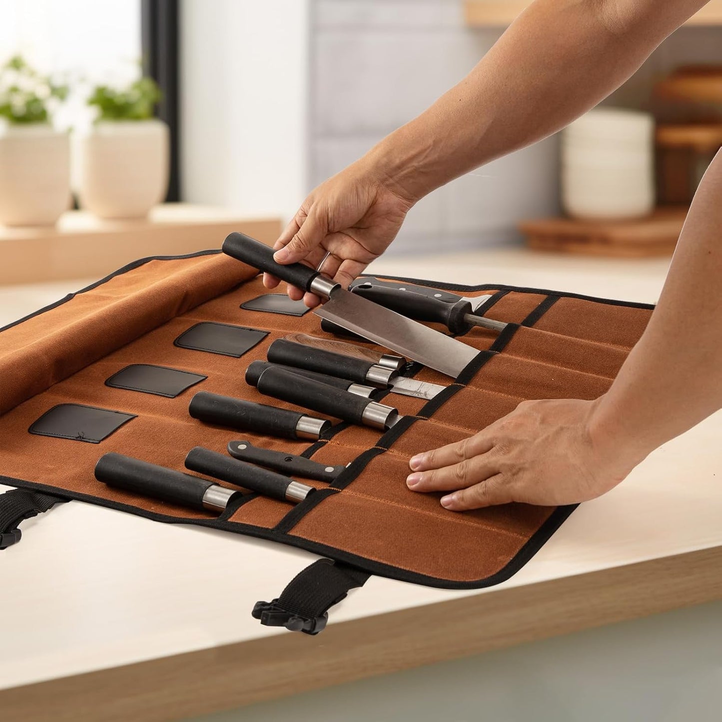 Chef Knife Roll Bag, Waxed Canvas chef bag with 18 Slots Cutlery Knives Holders Protectors, Portable Knife Bags for Chefs Professional, Case Storage Pouch, Camping and Hold Home Kitchen Knife Tools
