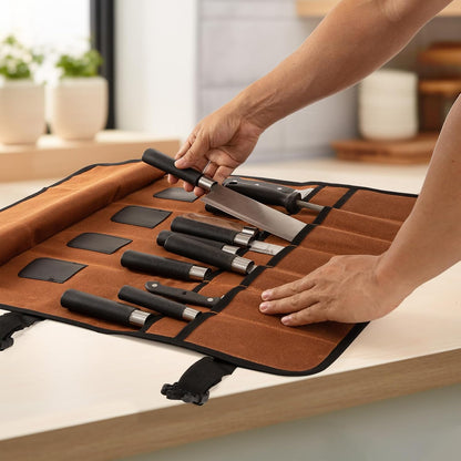 Chef Knife Roll Bag, Waxed Canvas chef bag with 18 Slots Cutlery Knives Holders Protectors, Portable Knife Bags for Chefs Professional, Case Storage Pouch, Camping and Hold Home Kitchen Knife Tools