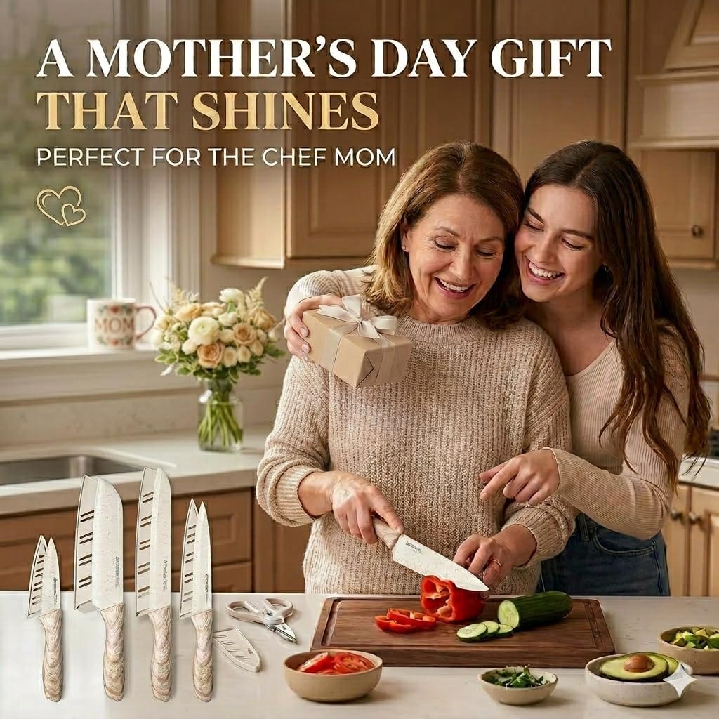 Astercook Knife Set, 13 Pieces Kitchen Knives Set with Ceramic Coating, Stainless Steel Chef Knife Sets with 6 Blade Guards, Dishwasher Safe Knives with Wooden Handle, White Mothers Day Gifts