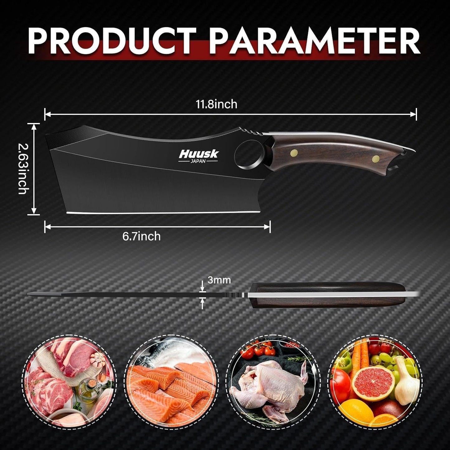 Huusk Japanese Chef Knife Set - Hand Forged Kitchen Knives for Meat Cutting - ATS-34 Carbon Steel Knives Set with Wooden Handle - Viking Cooking Knife Sets for BBQ Christmas Gift for Men and Women