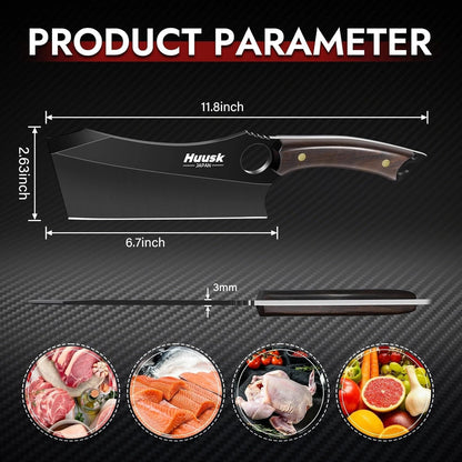 Huusk Japanese Chef Knife Set - Hand Forged Kitchen Knives for Meat Cutting - ATS-34 Carbon Steel Knives Set with Wooden Handle - Viking Cooking Knife Sets for BBQ Christmas Gift for Men and Women