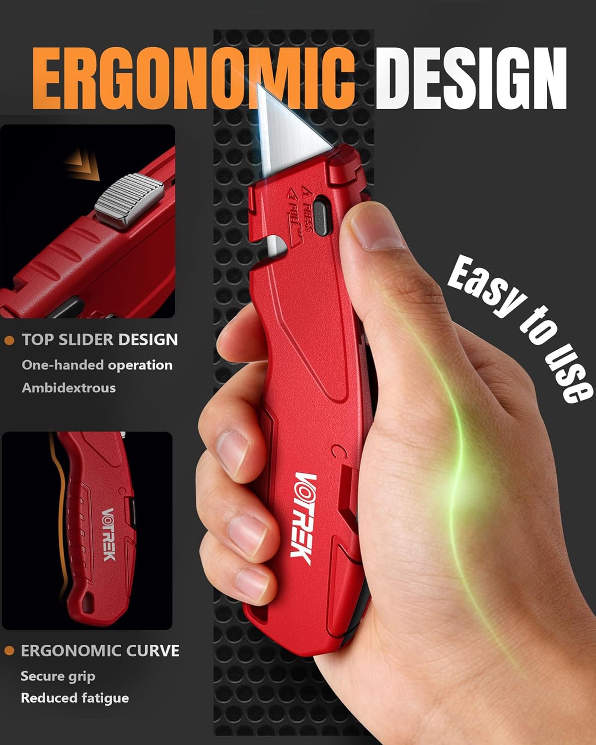 VOTREK® Box Cutter Retractable| Metal Utility Knife Set【Built-In Storage】 Tool-Free Quick Blade Change| Safety Lock| Extra 10 Sharp SK5 Blades| 2-Pack Heavy Duty Razor Knife for Cardboard & Plastic