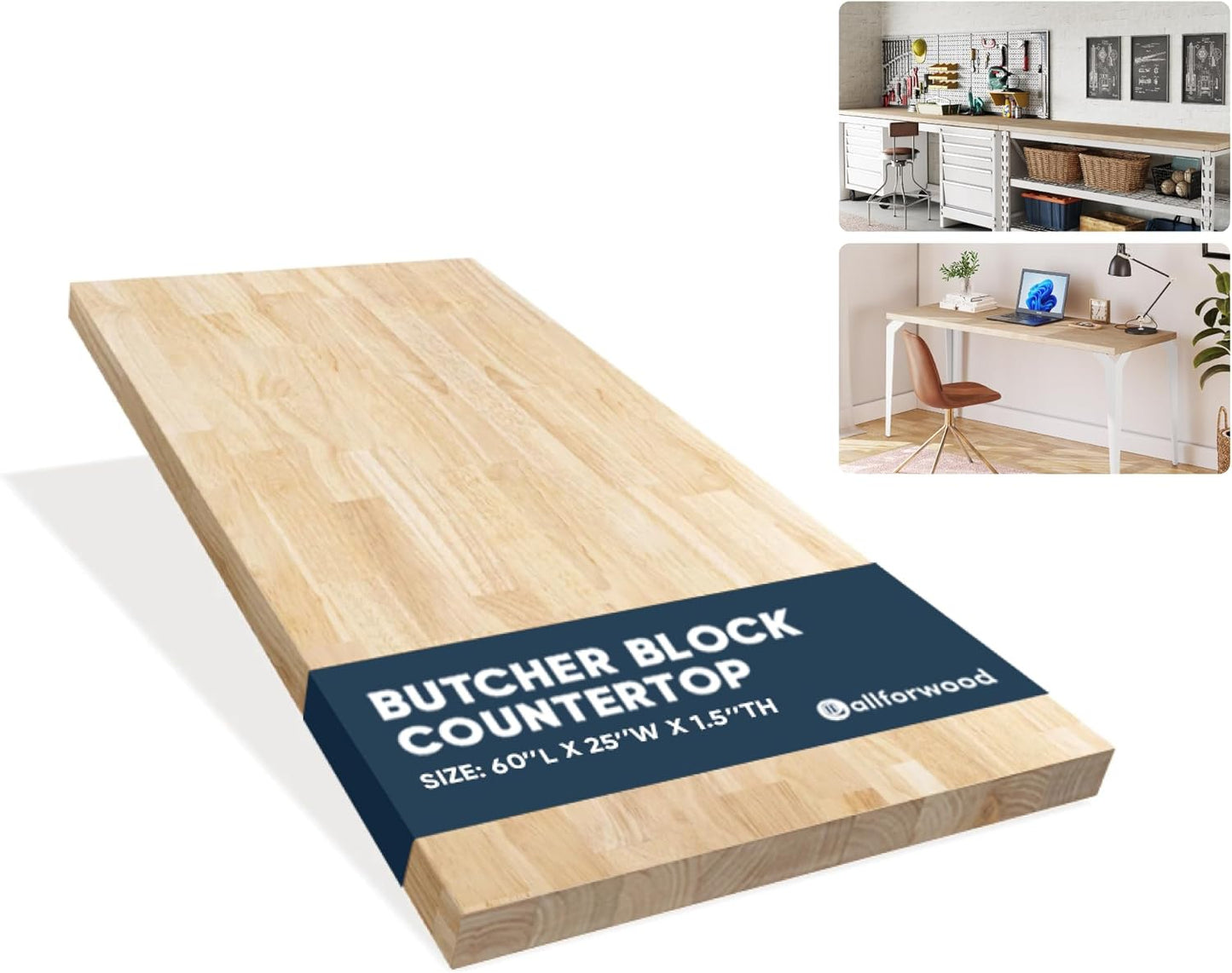 36''L x 25''W x 1.5''Th Hevea Solid Wood Butcher Block Countertop, Butcher Block Table Top for DIY Washer Dryer/Island/Kitchen Countertop (Unfinished)