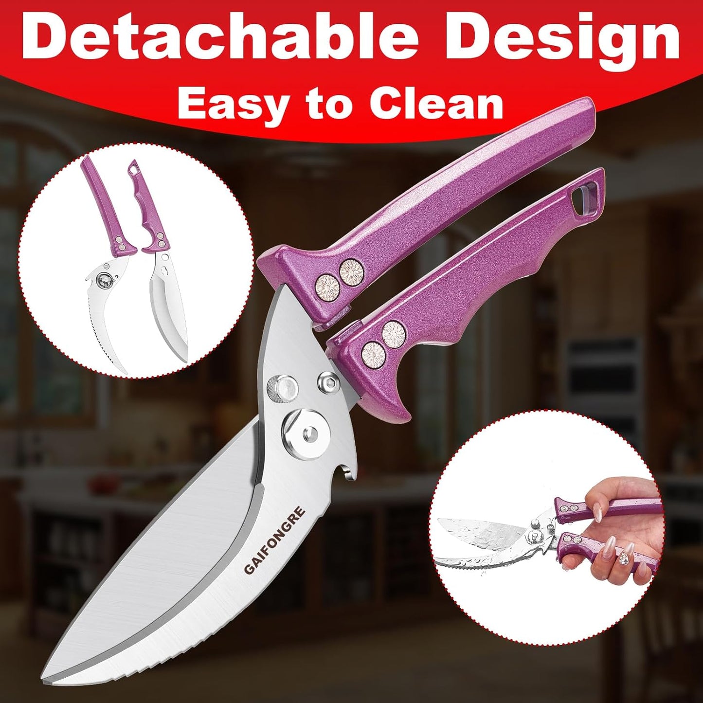 Heavy Duty Poultry Scissors - All Purpose Kitchen Shears for Chicken, Fish & Meat - Easily Separable, Dishwasher Safe (Red)