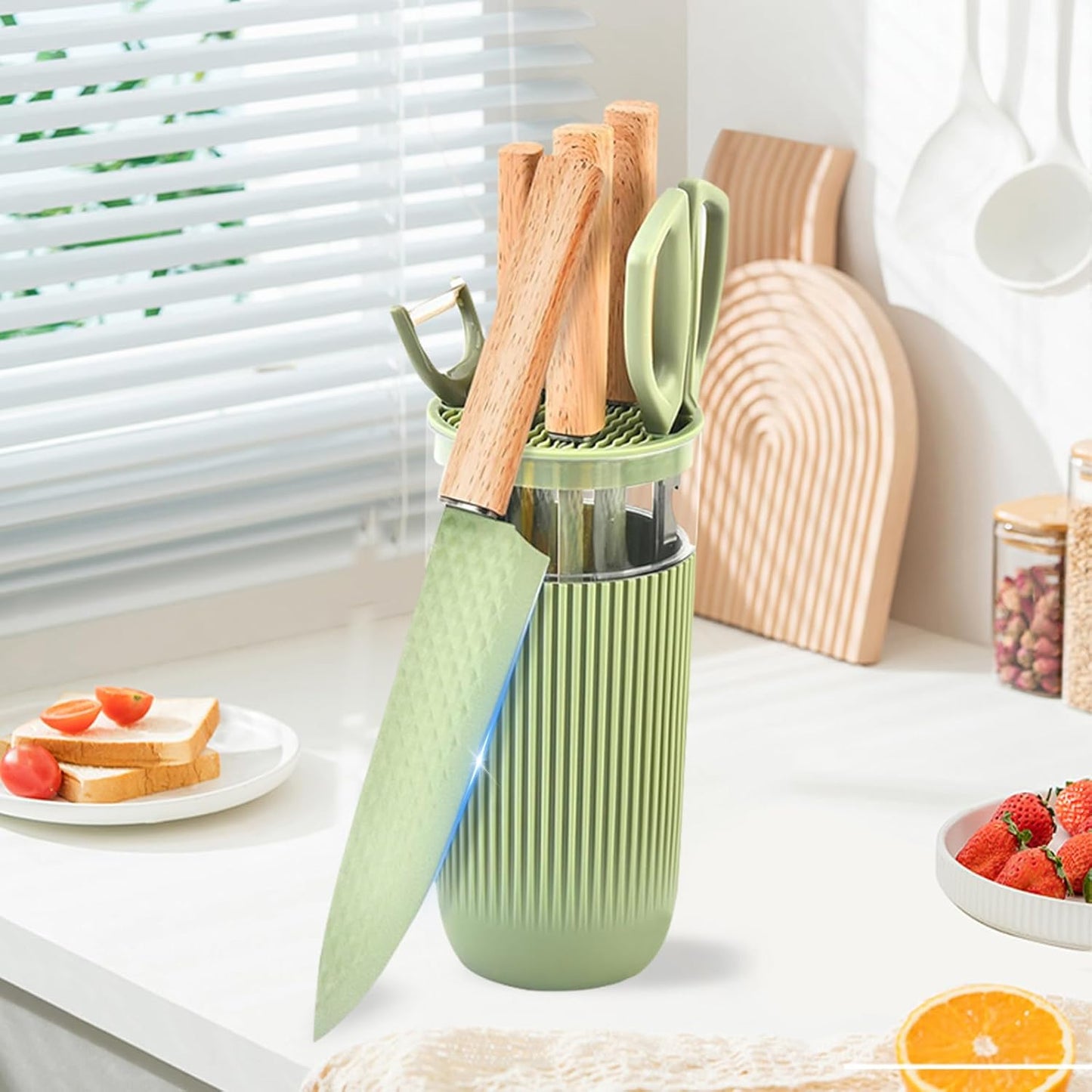 Kitchen Knife Set with Block, 7-Piece Kitchen Knife Set for Chef with Universal Knife Block, Anti-Rust Kitchen Knife Block Set, Ergonomic Design