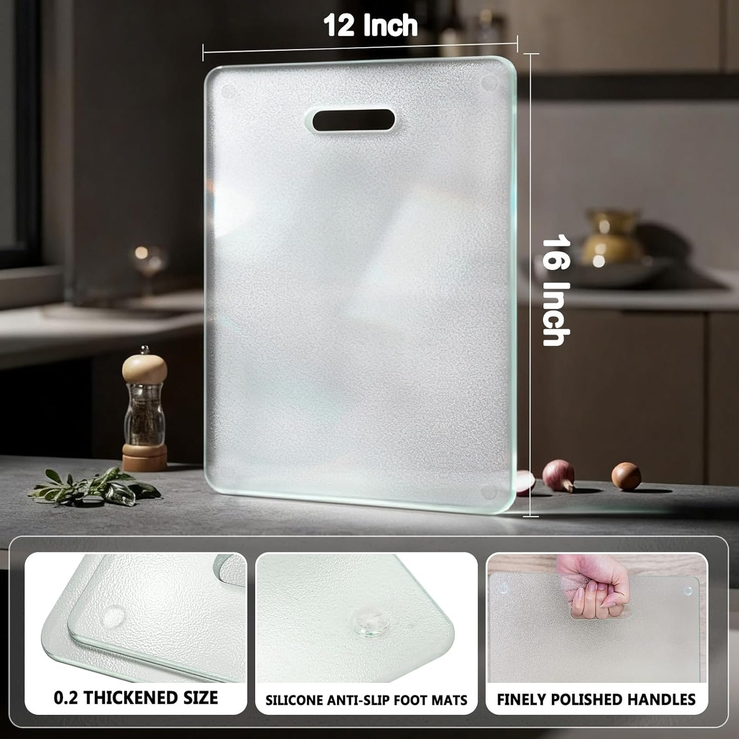 Tempered Glass Cutting Board for Kitchen, 2PCS Clear Chopping Board with Handle (16"x12" & 12"x8"), Plastic Free, Scratch Resistant, Heat Resistant, Dishwasher Safe, Non-toxic, Easy to Clean