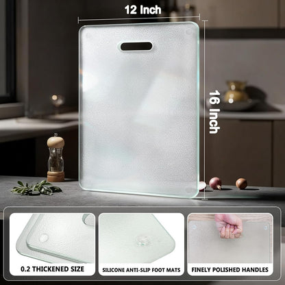Tempered Glass Cutting Board for Kitchen, 2PCS Clear Chopping Board with Handle (16"x12" & 12"x8"), Plastic Free, Scratch Resistant, Heat Resistant, Dishwasher Safe, Non-toxic, Easy to Clean