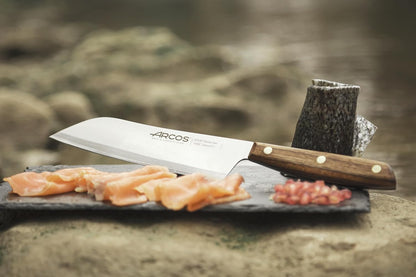 Arcos Deba Knife 7 Inch Stainless Steel. Japanese Kitchen Knife for Fish, Meat and Vegetables. Ovengkol Wood Handle 100% natural FSC and 170mm Blade. Series Nordika. Color Brown.