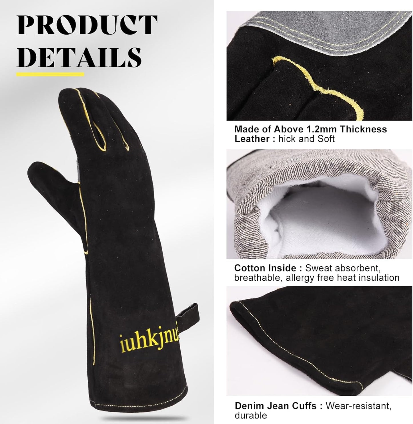 16" Leather Forge Welding Gloves, 932℉ Heat/Fire Resistant, Multi-Use Mitts for TIG/MIG Welding, BBQ, Oven, Baking, Furnace, Beekeeping, Animal Handling & Stove Safety，Ambidextrous