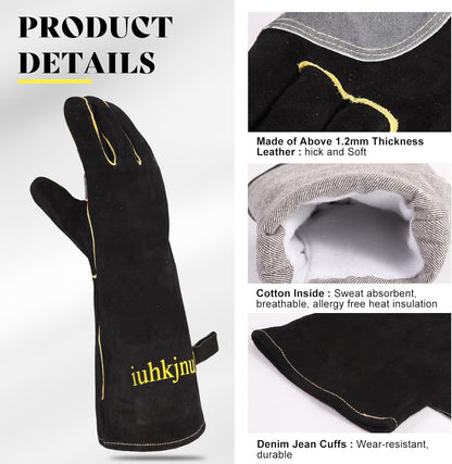 16" Leather Forge Welding Gloves, 932℉ Heat/Fire Resistant, Multi-Use Mitts for TIG/MIG Welding, BBQ, Oven, Baking, Furnace, Beekeeping, Animal Handling & Stove Safety，Ambidextrous