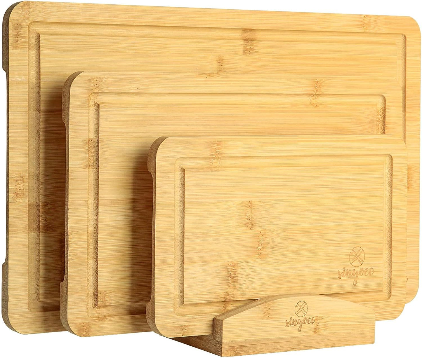 Bamboo Cutting Board Set for Kitchen - Cutting Board Set of 3 with Groove and Cutting Board Rack, Easy to Clean, Ideal for Bamboo Chopping Board Set for Chopping Meat, Vegetables, Fruits