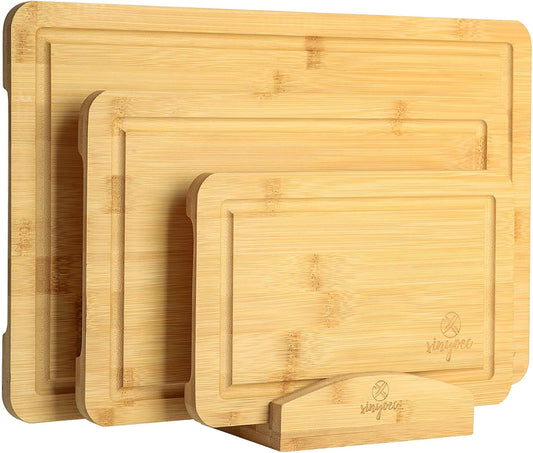 Bamboo Cutting Board Set for Kitchen - Cutting Board Set of 3 with Groove and Cutting Board Rack, Easy to Clean, Ideal for Bamboo Chopping Board Set for Chopping Meat, Vegetables, Fruits