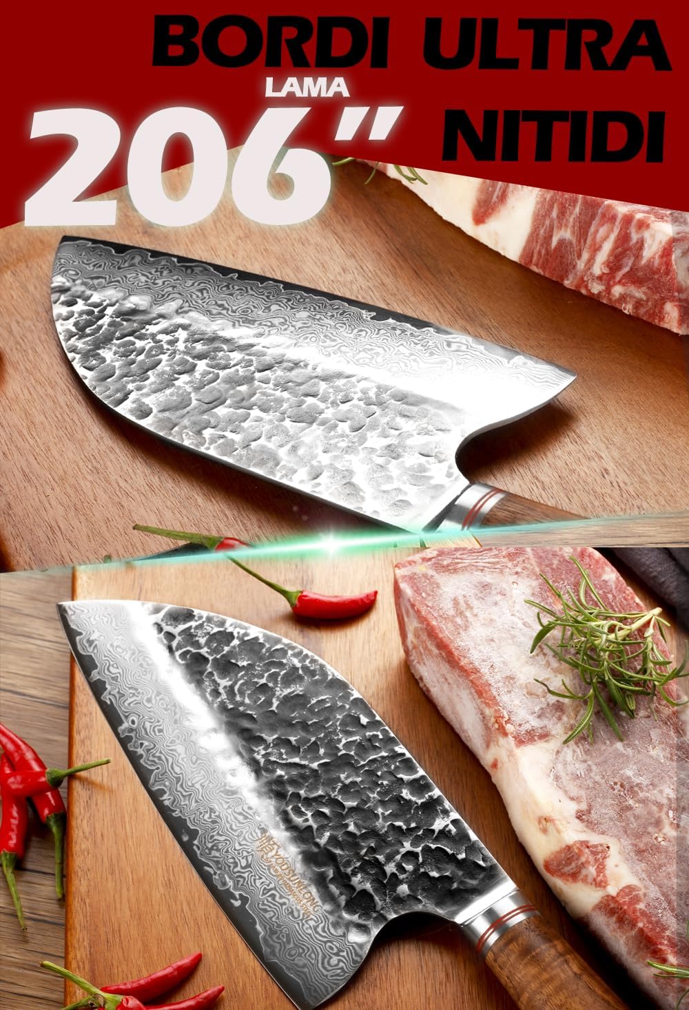 YOUSUNLONG Hybrid Cleaver 8 inch Meat Cleaver Outdoor Serbian Chef Knife-Japanese Damascus Steel - Natural Leadwood Handle with Leather