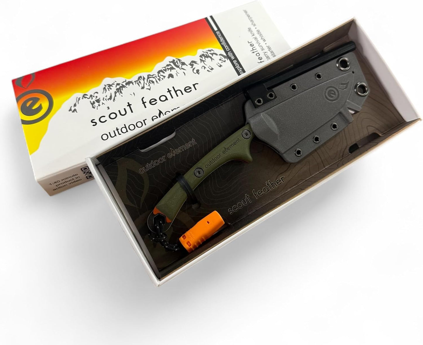 Scout Feather Glow - Fixed Blade Survival Knife with built-in Firestarter for Camping, Hunting, Outdoor Adventure and Culinary Need - VG10 Blade, Whistle, Knife Sharpener, Compact Sheath & G10 Handle