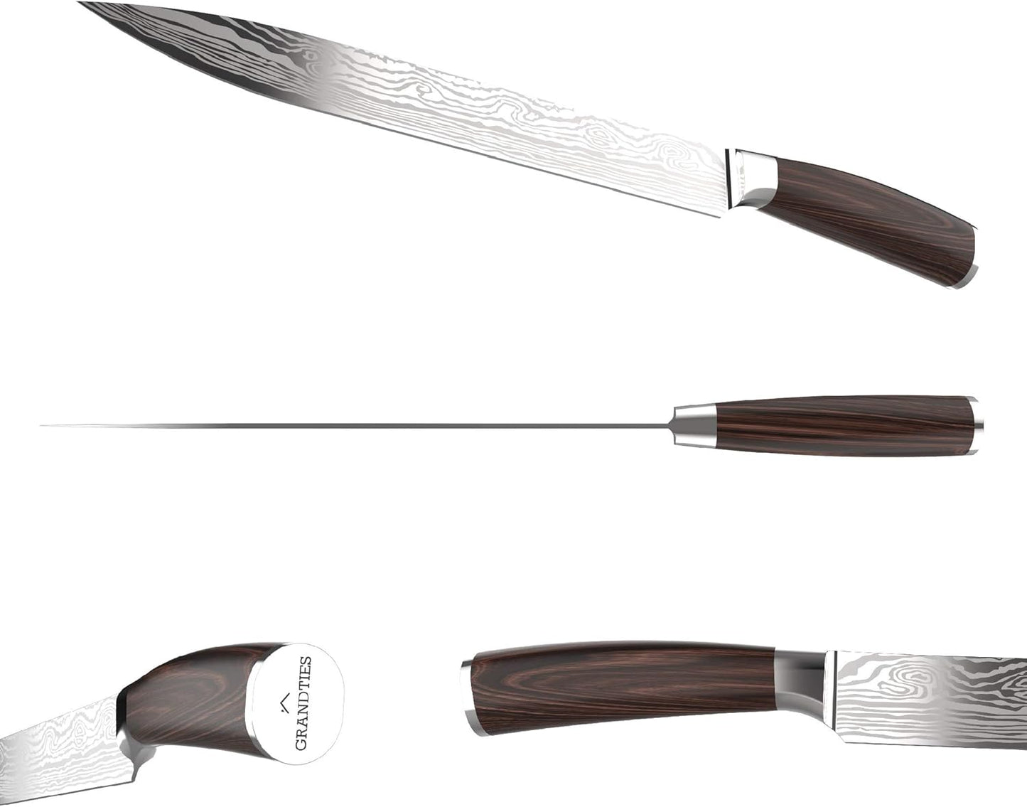GRANDTIES Damascus Style Slicing Carving Knife - 10 Inch Full Tang High Carbon German Stainless Steel Brisket Kitchen Knives - Long Slicer & Carver - Ergonomic Pakkawood Handle - With Gift Box
