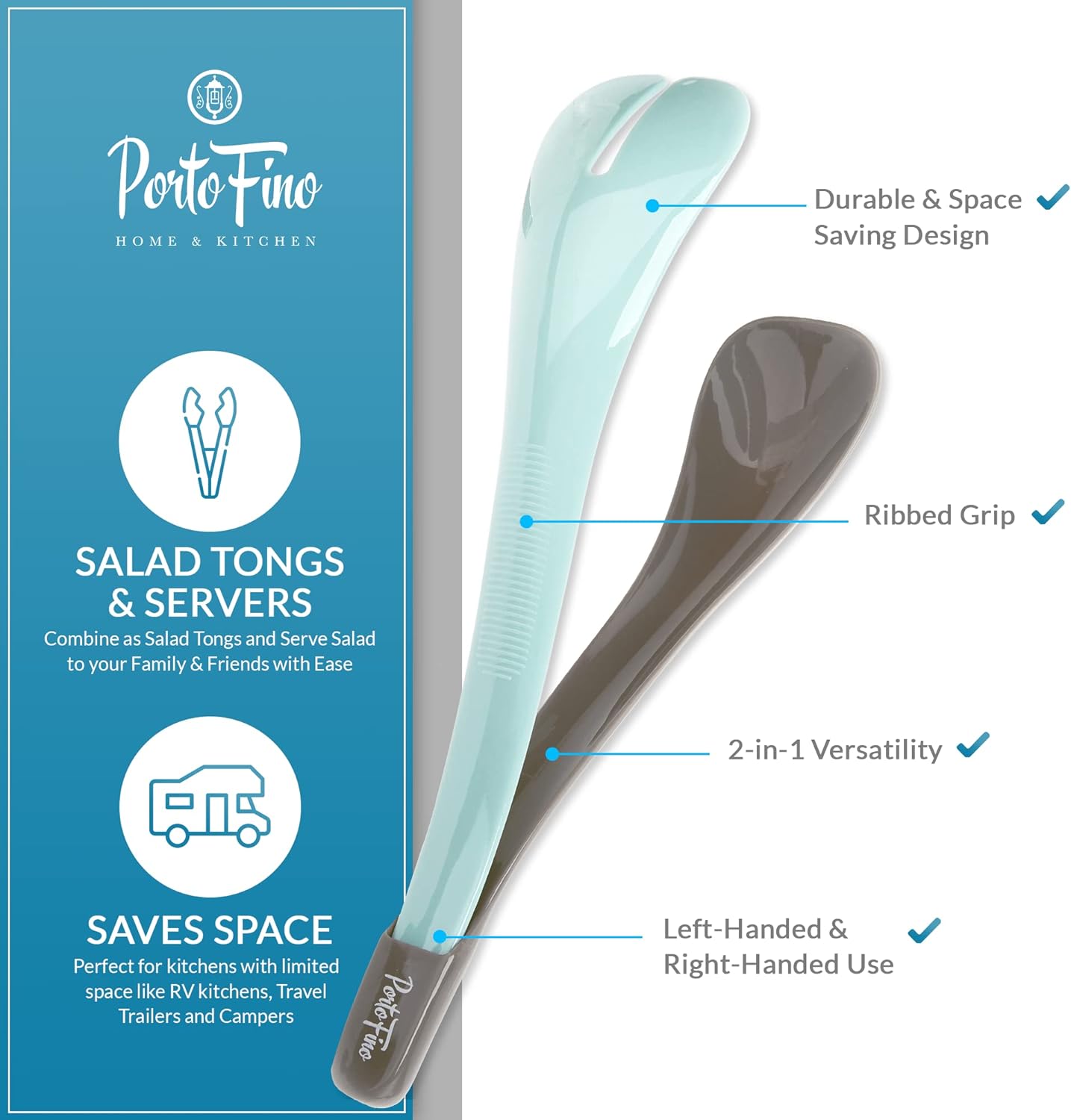 PortoFino Salad Tongs for Serving, Salad Serving Utensils, 2 in 1 Salad Tosser, Salad Serving Tools, Lightweight, Nesting Design Easy to Store, Dishwasher Safe, Plastic, Blue