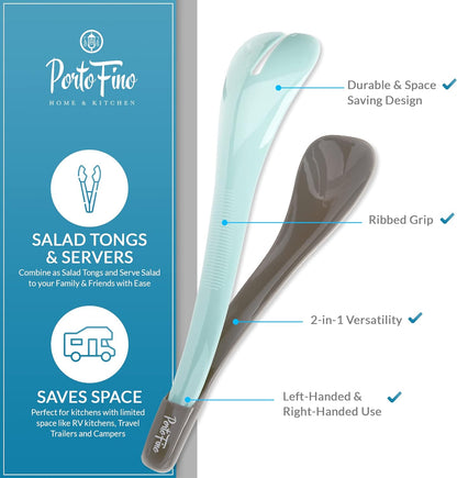 PortoFino Salad Tongs for Serving, Salad Serving Utensils, 2 in 1 Salad Tosser, Salad Serving Tools, Lightweight, Nesting Design Easy to Store, Dishwasher Safe, Plastic, Blue
