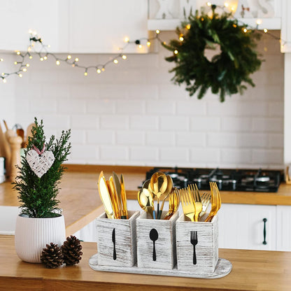Kathfly 4 Pcs Silverware Caddy Utensil Holder for Countertop Silverware Organizer with Wood Tray Spoon Fork Holder 3. 15 x 3. 15 x 4. 53 Inches of Each Organizer for Kitchen Parties(White)