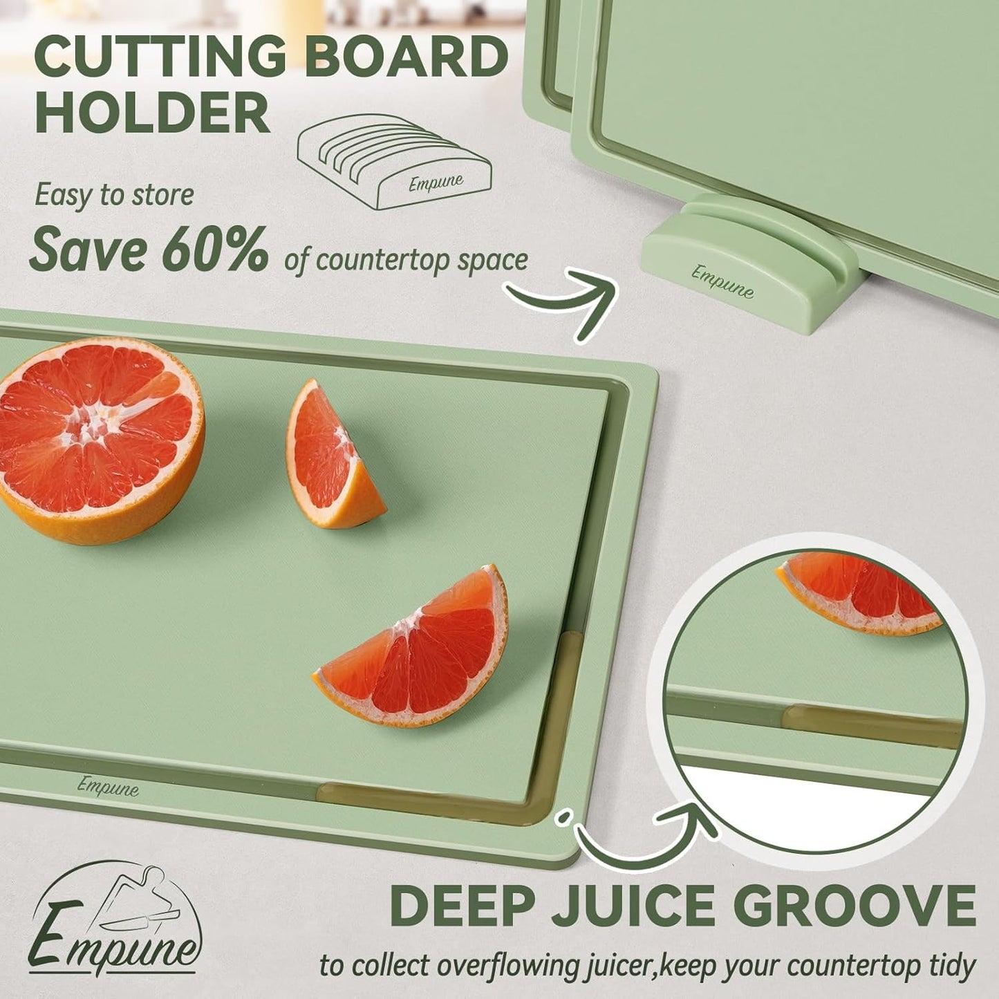 Empune 3-Piece Plastic Cutting Boards for Kitchen - Thick & Non-Slip Chopping Board Set with Juice Grooves, Dishwasher Safe, BPA Free, Includes Large & Small Sizes, Gray