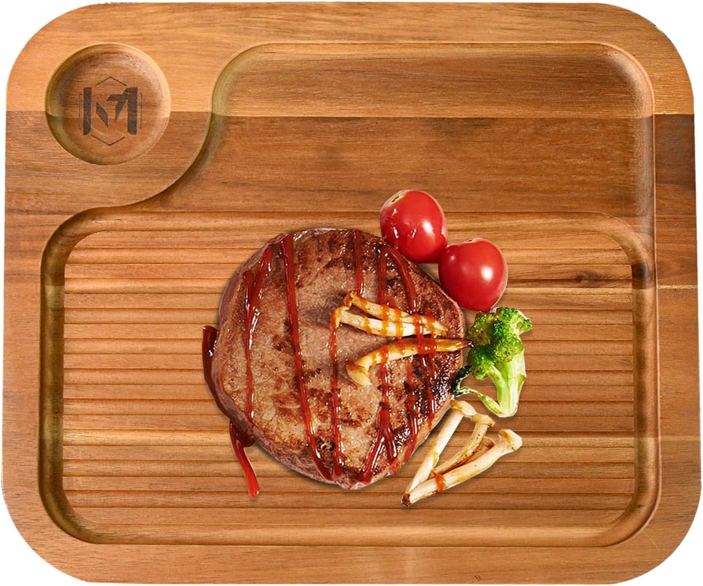 Acacia Wood Steak Plates,Carnivore Cutting Board for Eating, Carved Meat Wooden Plate, Food Serving Tray,Cheese Charcuterie Board with Deep Grooves & Hidden Handles